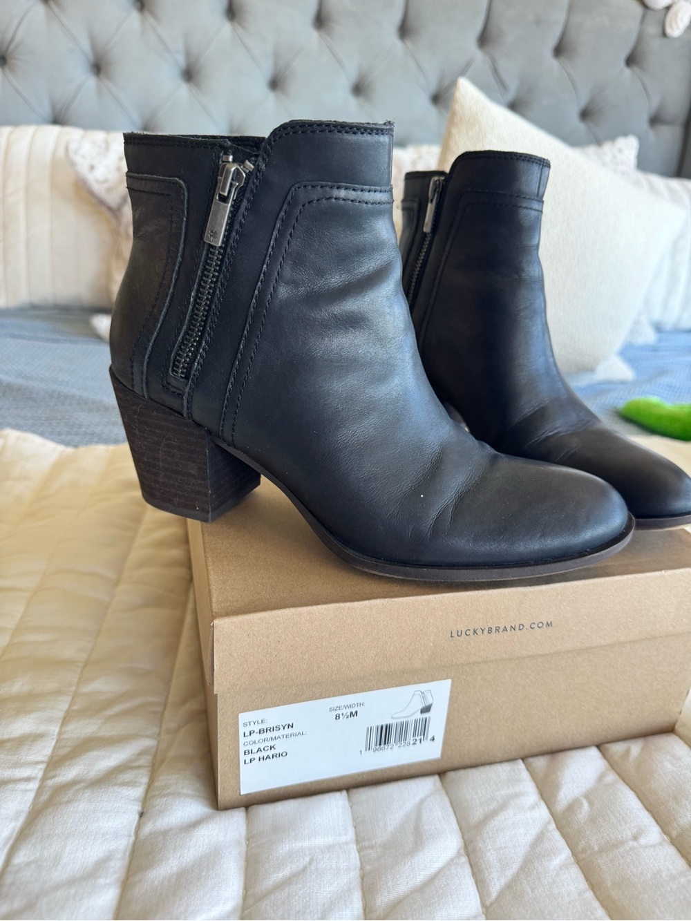 Lucky Brand Black Leather Ankle Booties with Side Zip and Stacked Heel